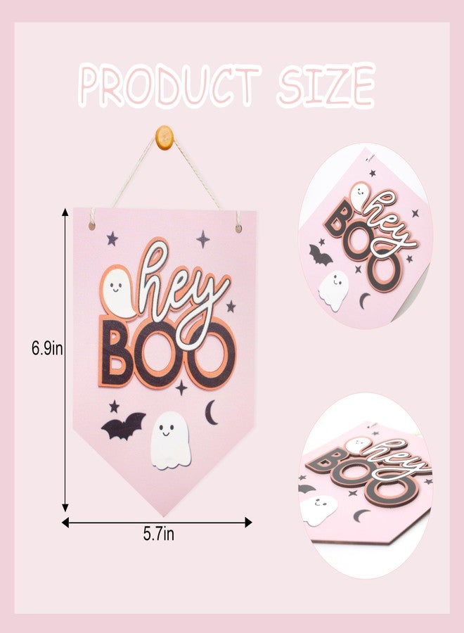 HGFC Halloween Hey Boo Sign For Front Door Decor, Spooky Pink Ghost Wood Door Hanger For Outdoor Outside Porch, Halloween Wall Hanging, Cute Halloween Sign - Image 2